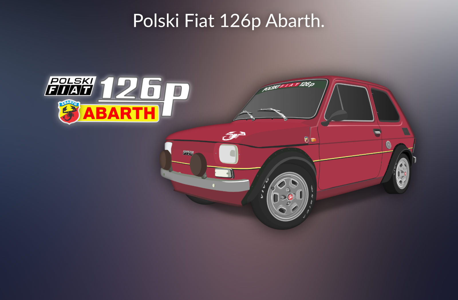 Projekt Fiata 126p Abarth wraz z logotypami (Wykonano w Affinity Desginer)